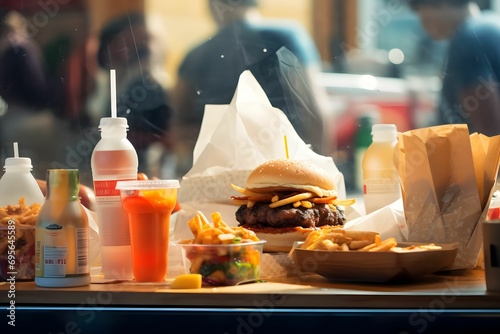 Street Food Stand with Burgers, Fries, Ice Cream, Sodas, and Drinks, Blurred Forms in Masculine Wood Style - Urban Feast photo