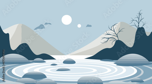 vector art piece that captures the tranquility of a Zen garden with ripples forming in a serene stone pool upon which a single leaf floats. 