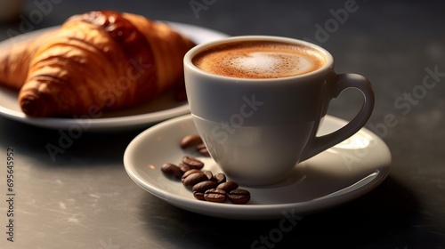 Perfect breakfast, coffee with milk and croissants. Close up
