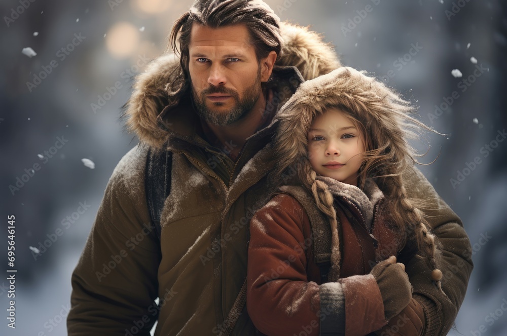 Frigid Glacier winter child father clothes. Arctic sport. Generate Ai