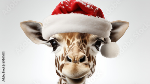 Close up Portrait of Giraffe in Santa Hat isolated on white backround. Creative animal concept. Copy space., banner format. Christmas concept.