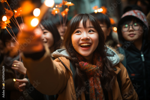 Friends Using Rockets and Fireworks to Celebrate the Chinese Lunar New Year 2024, Igniting Joy, A Colorful Sky Painted with the Vibrancy of Friendship and Tradition