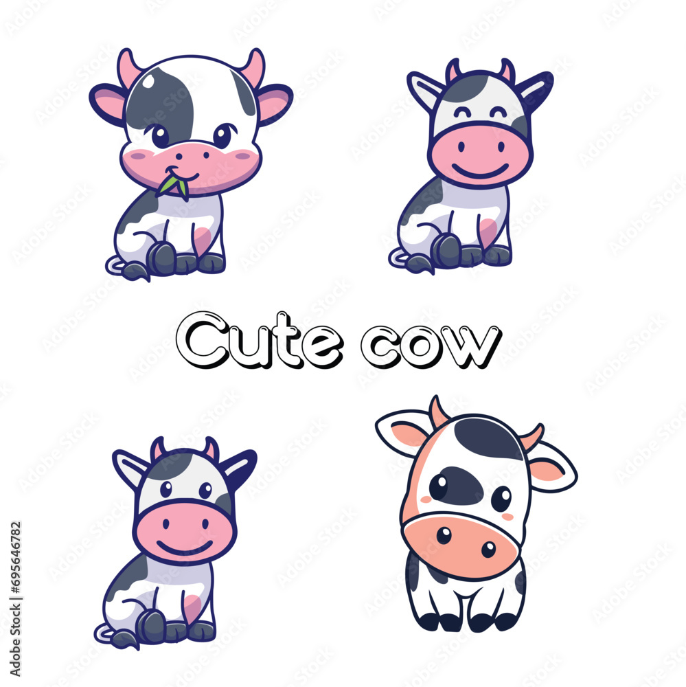 Obraz premium Cute Cow vector design logo element, adorable, agriculture, animal, art, baby, background, beef, black, bull, calf, cartoon, cattle, character, comic, cow, cute, dairy, design, domestic, drawing