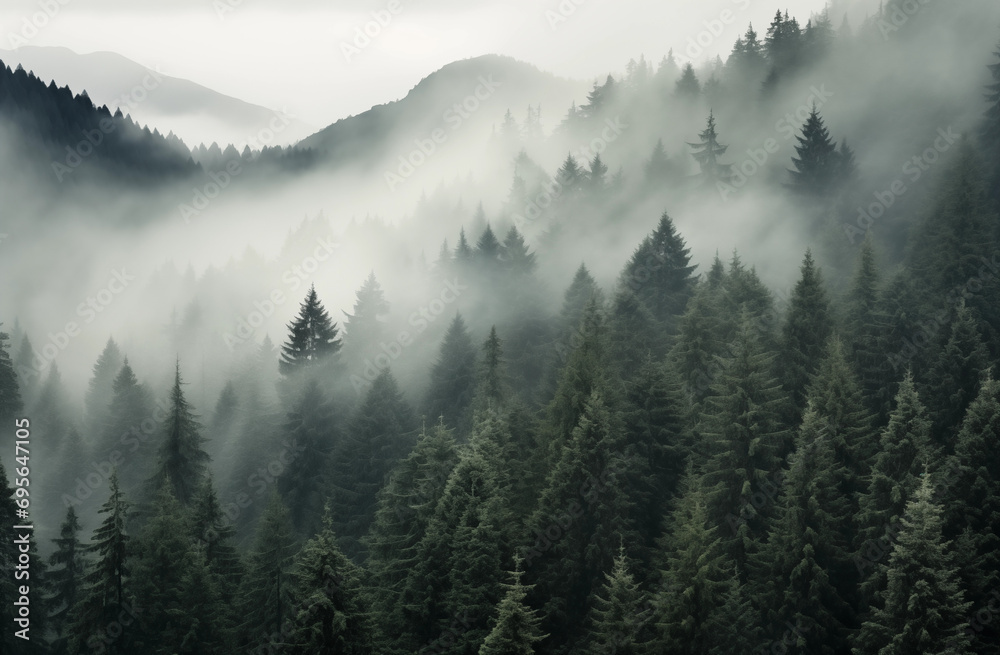 Enchanted Mountain Mist Amidst Evergreens