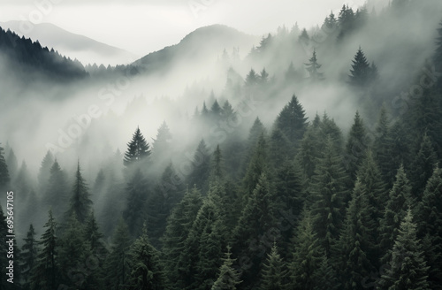 Enchanted Mountain Mist Amidst Evergreens © HNXS Digital Art