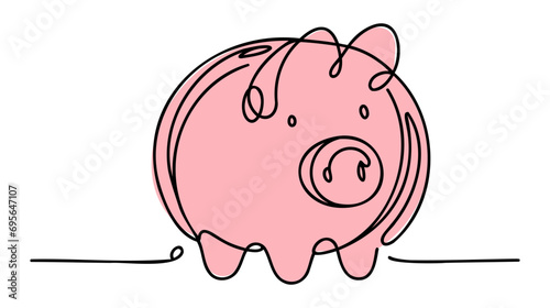 Piggy bank in continuous line art drawing style. Pig moneybox black linear sketch isolated on white background