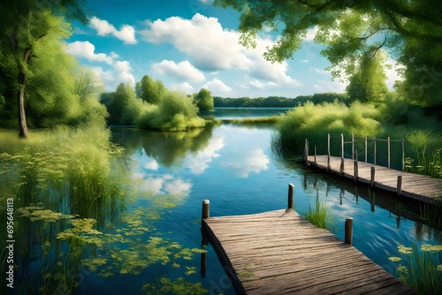 A tranquil summer day by the riverside, where a wooden pier extends into the water, framed by lush foliage and a canopy of azure sky dotted with wispy clouds. © Balqees