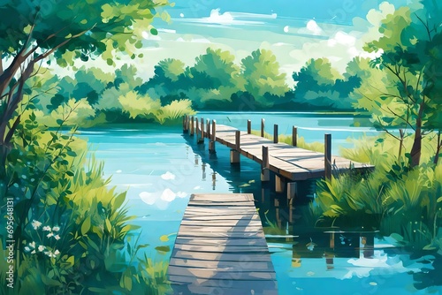 A tranquil summer day by the riverside, where a wooden pier extends into the water, framed by lush foliage and a canopy of azure sky dotted with wispy clouds.