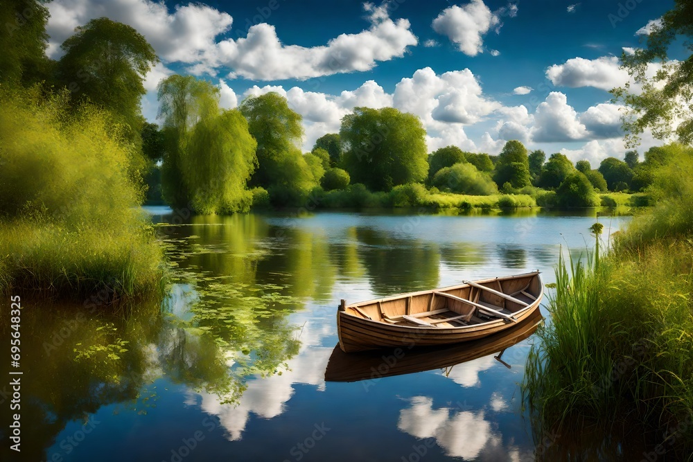 A picturesque riverside scene in summer, showcasing a quaint wooden boat anchored by the shore amidst vibrant greenery under a clear blue sky with scattered clouds.