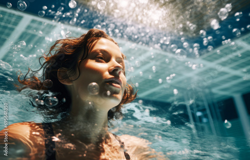 A girl finds relaxation swimming in a pool. The concept emphasizes the benefits of sports for mental and emotional well-being.