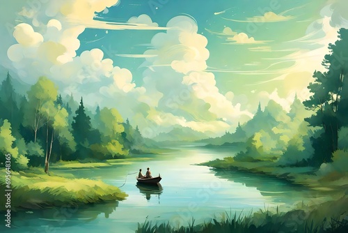 A scenic view of a winding river winding through a verdant forest, with a small boat peacefully sailing under a serene sky painted with soft, wispy clouds.