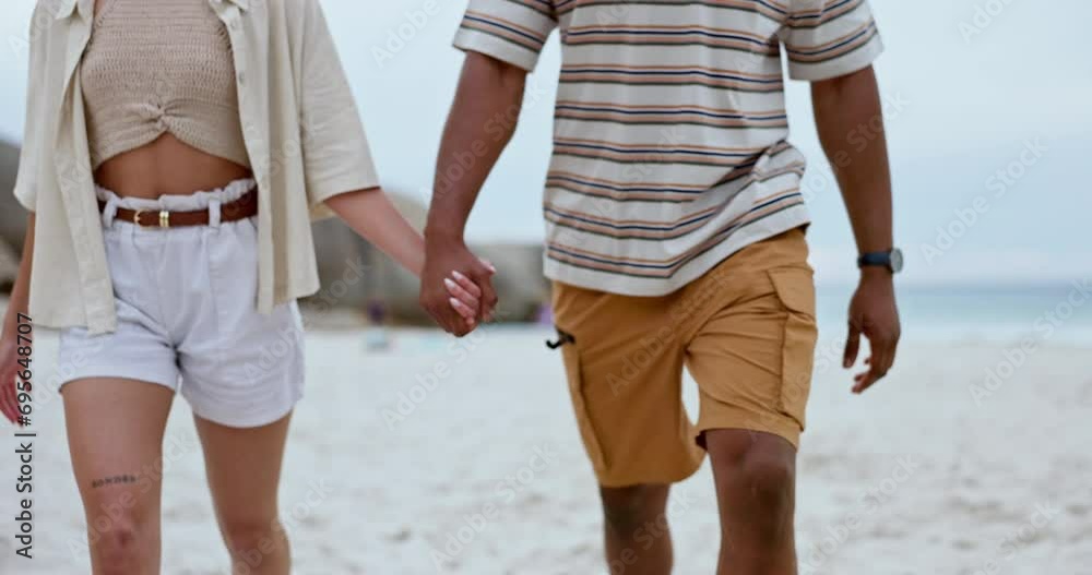 Couple, closeup and holding hands while walking at beach for love, summer holiday and tropical travel for romantic vacation. Man, woman and relax at ocean for support, freedom and date with partner Couple, closeup and holding hands while walking at beach for love, summer holiday and tropical travel for romantic vacation. Man, woman and relax at ocean for support, freedom and date with partner