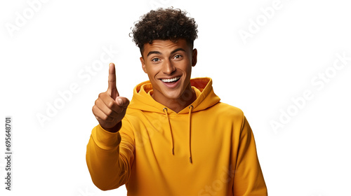  handsome youth man showing finger up, wearing yellow hoodie, transparency background png photo