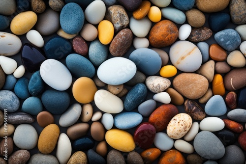 Smooth pebbles on a beach, various shapes and colors