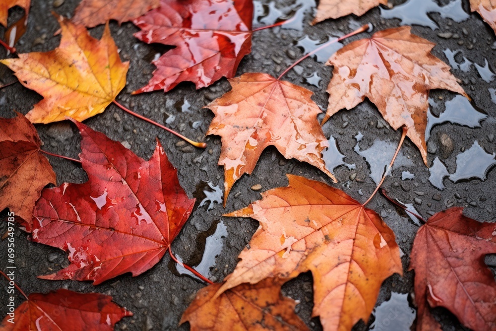 Textured pattern of vibrant autumn leaves on wet pavement Textured pattern of vibrant autumn leaves on wet pavement