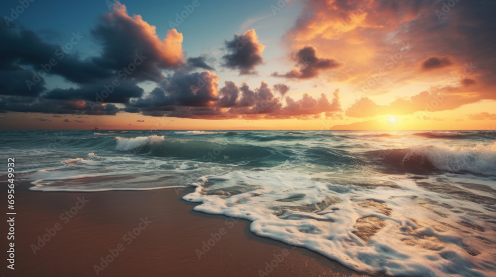 The beach at sunset with soft waves and beautiful fluffy clouds