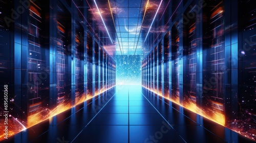 Shot of Corridor in Working Data Center Full of Rack Servers and Supercomputers with Internet connection Visualization Projection  technology  digital  futuristic  future
