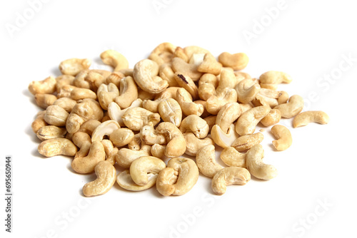 Cashew nut heap isolated on white background. Abundant cashew nuts, a delicious bunch