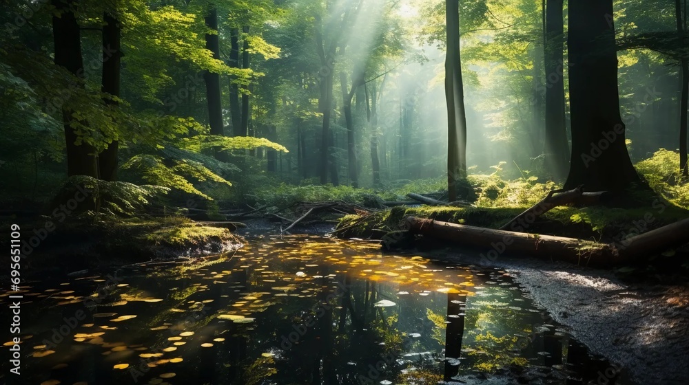 Obraz premium Magical green forest with sunlight