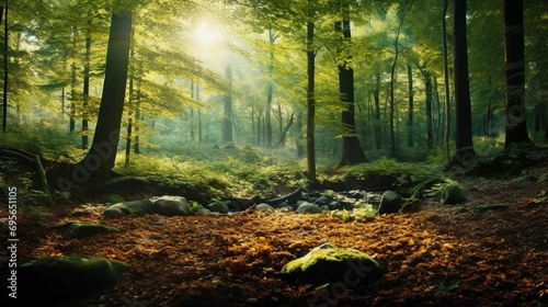 A forest with sun rays shining through the leaves © PhotoHunter