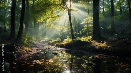 Magical green forest with sunlight