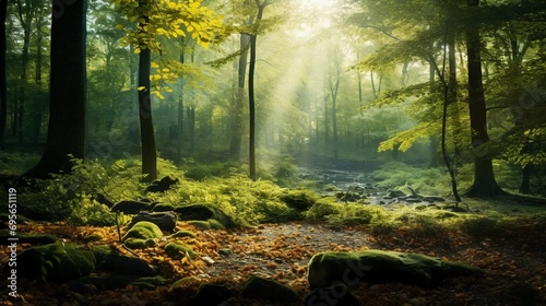 A forest with sun rays shining through the leaves