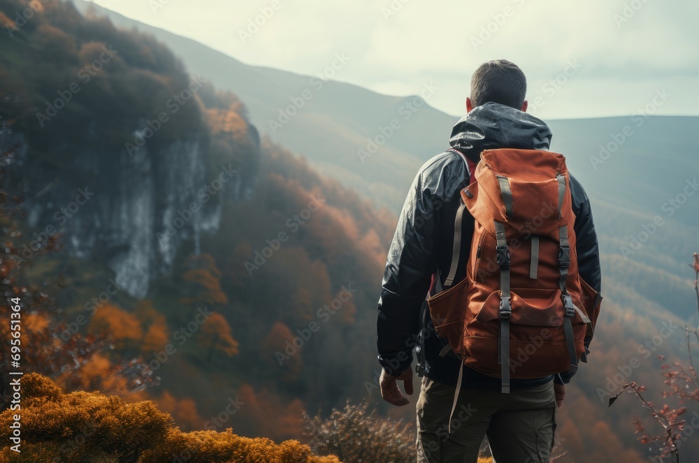 Obraz premium Adventurous Man hiker backpack. Tourism trip. Generate Ai