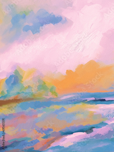 Colorful & Vibrant Impressionistic Sunrise or Sunset Lake or River Digital Painting, Art, Artwork, Illustration or Design