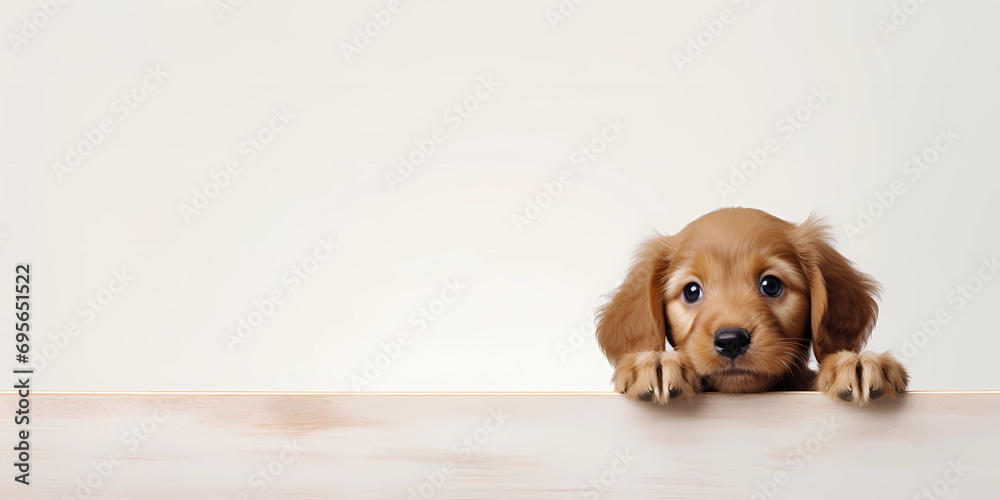A puppy looking over a white table background