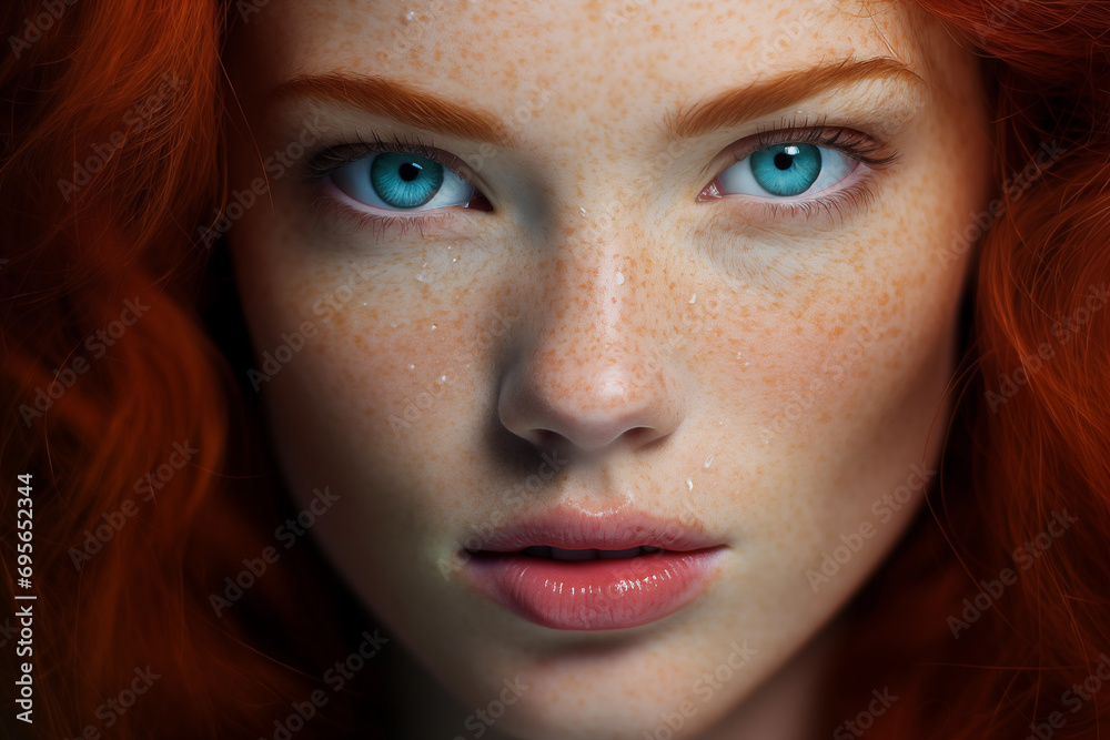 Studio close-up portrait of a female model with red hair and blue eyes, perfect skin, image for cosmetics and medical drugs advertisement Studio close-up portrait of a female model with red hair and blue eyes, perfect skin, image for cosmetics and medical drugs advertisement