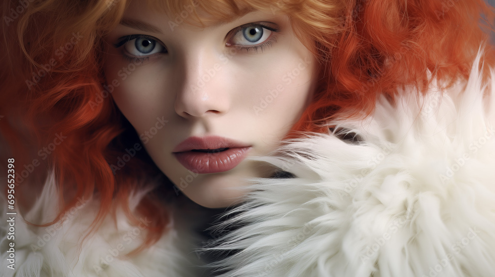 Studio close-up portrait of a model girl with red hair and grey eyes, white fur, perfect skin, image for cosmetics and medical drugs advertising