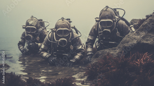 a group of divers in Hazmat Suits