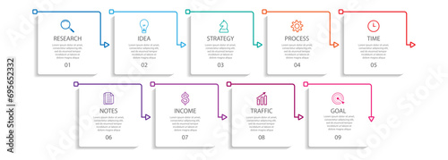 simple infographic design with thin lines, 9 interconnected square sections. for flow diagrams, workflows and presentations of your business