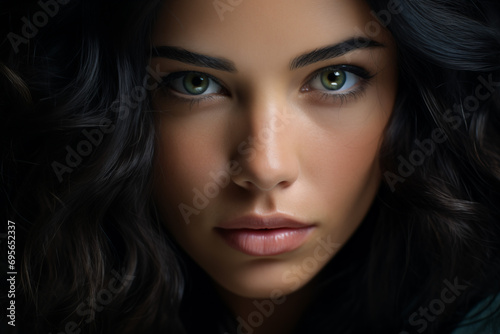 Wallpaper Mural Studio close-up portrait of a female model with black hair and green eyes, perfect skin, image for cosmetics and medical products advertising Torontodigital.ca