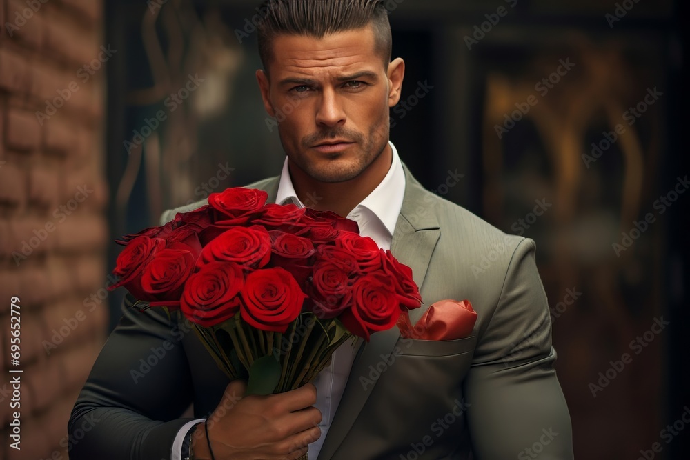 A man holds a bouquet of red roses in his hands. Valentine's Day. Birthday. Holiday. Present A man holds a bouquet of red roses in his hands. Valentine's Day. Birthday. Holiday. Present