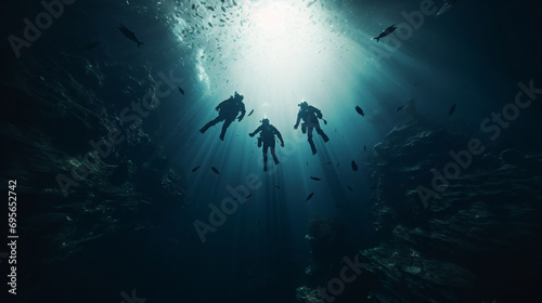 Three divers are diving in the deep sea with sunlight in the background.