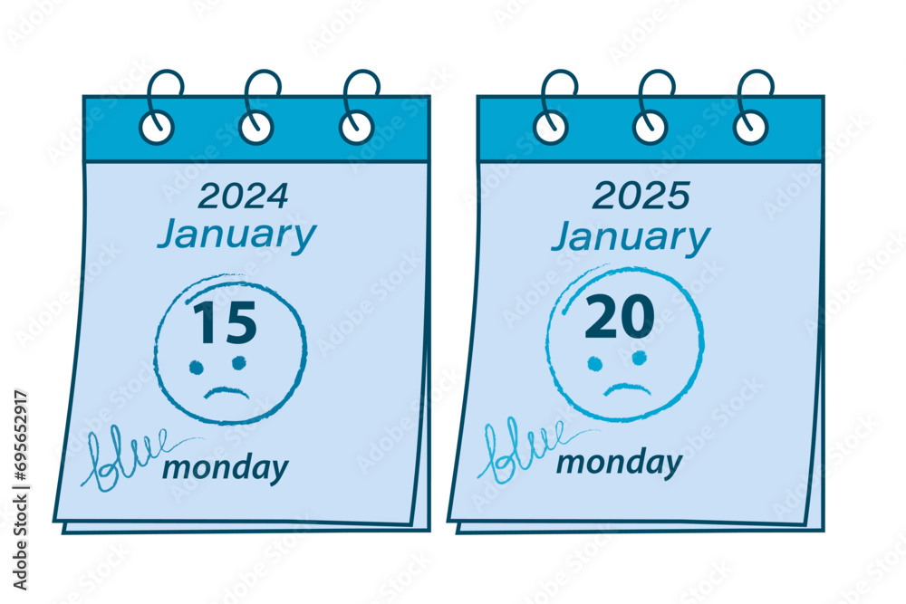 Blue Monday calendar sheets with the date 2024, January 15 and 2025