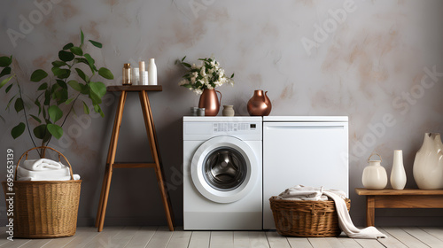 washing machines in a clean utility laundry room or washing service room interior front view shot as mockup design with copy space area © Clipart Collectors