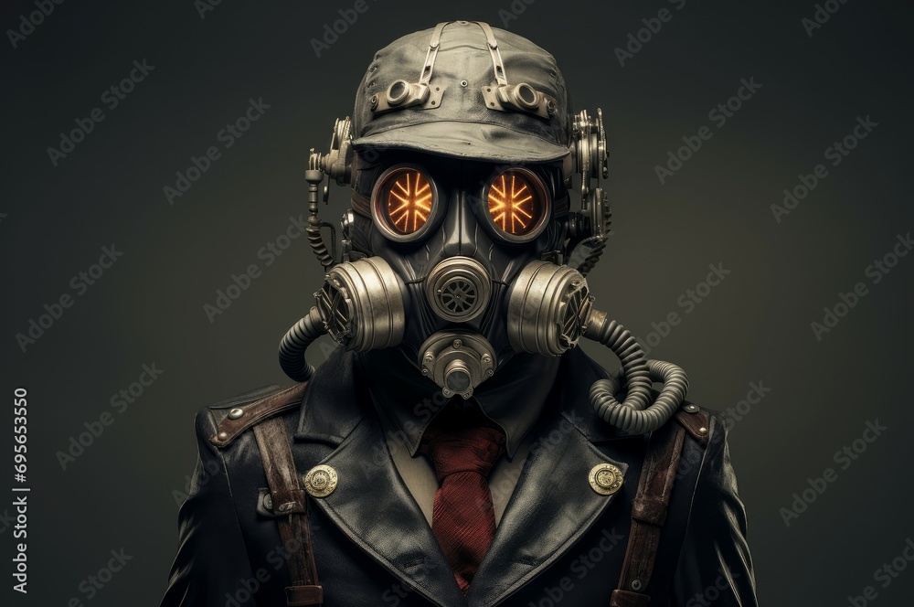 Intimidating Man gas mask steampunk. Grunge glasses. Generate Ai