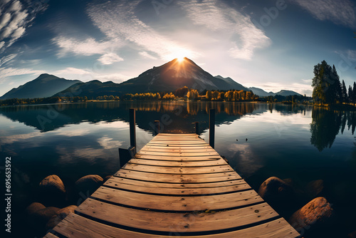 Dock on a lake with mountains and hills