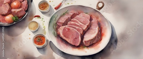 肉料理、ステーキ、水彩画、背景｜Meat dishes, steak, watercolor, background. Generative AI photo