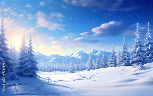 Winter snowy background, winter white snowy natural forest scene illustration © lin