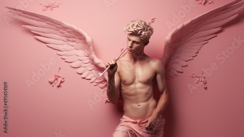 cupid flying overhead shooting his arrow on pink background. photo