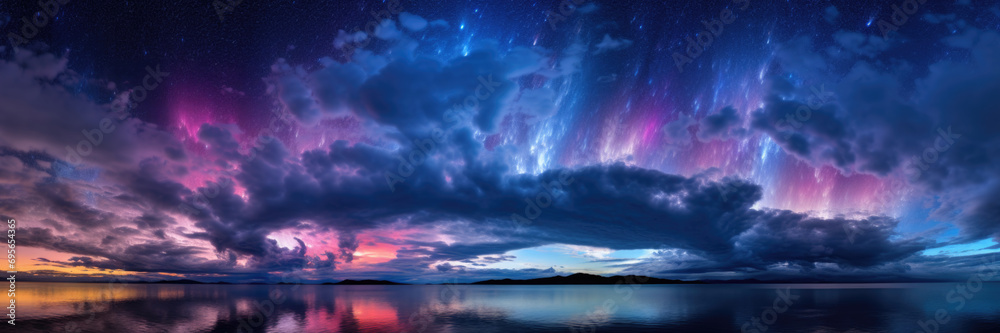 Blue and purple northern lights over an ocean poster with copy space.
