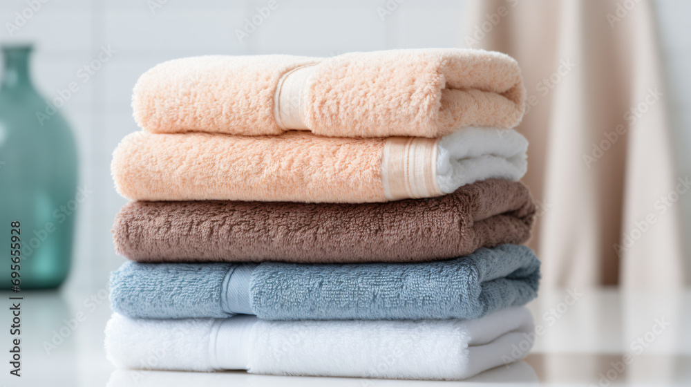 a stack of towels sitting on top of a counter a stack of towels sitting on top of a counter