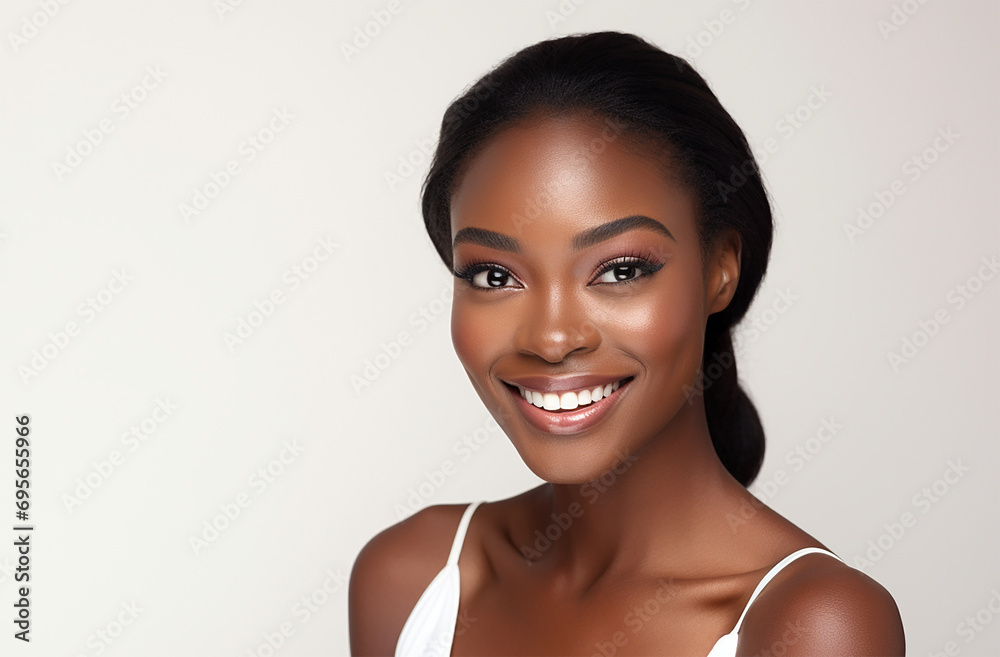 Stunning Black Model Smiling at Camera on White Background, Attractive Black Woman With a Beautiful Smile Stunning Black Model Smiling at Camera on White Background, Attractive Black Woman With a Beautiful Smile