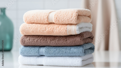 a stack of towels sitting on top of a counter