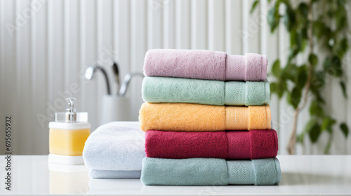 a stack of towels sitting on top of a counter