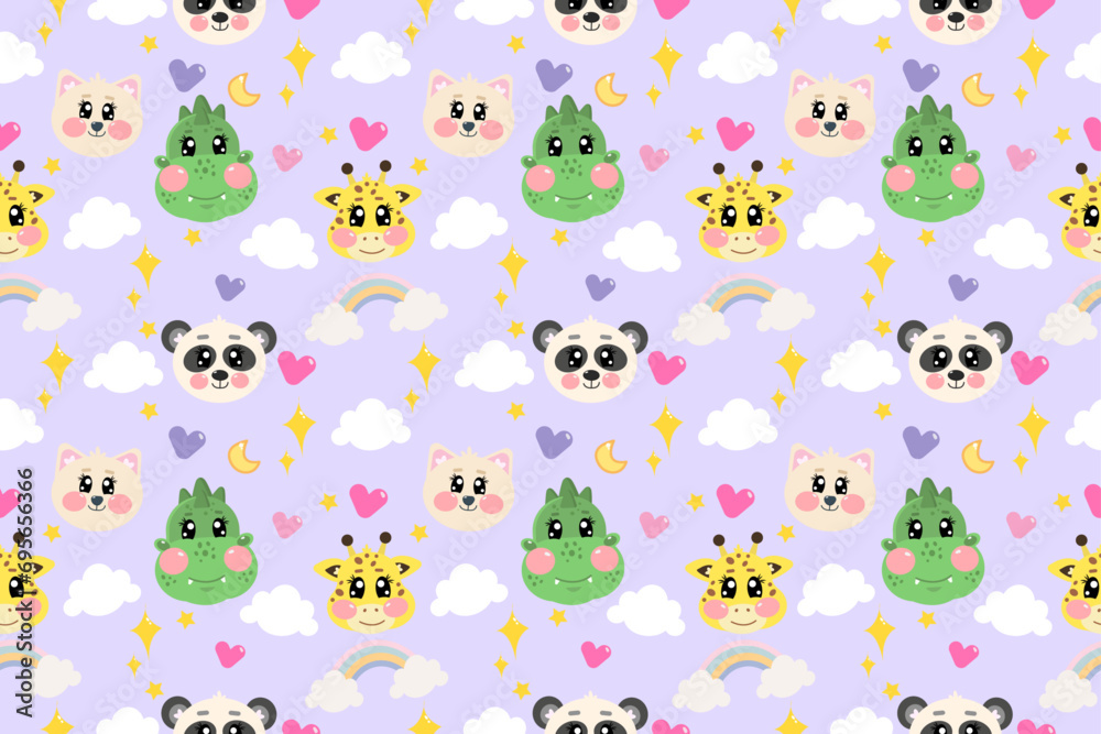 Kawaii purple soft pastel seamless pattern with cute animals: panda, cat, giraffe, dinosaur for children's nursery Kawaii purple soft pastel seamless pattern with cute animals: panda, cat, giraffe, dinosaur for children's nursery