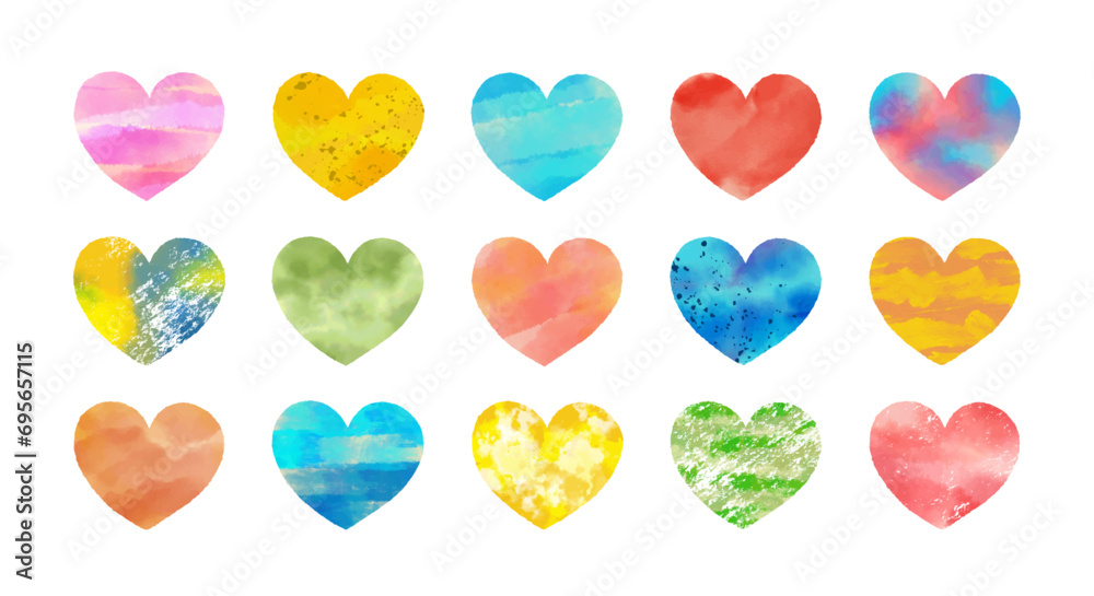 Collection of hand painted watercolor hearts.